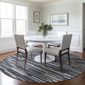 8' Gray Charcoal And Ivory Abstract Washable Round Rug With UV Protection