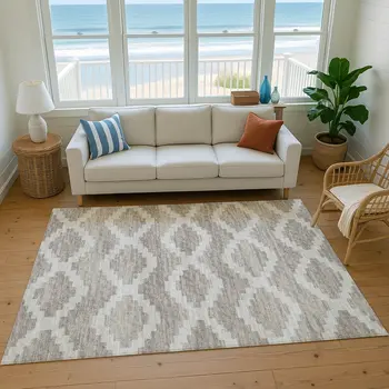 5' X 8' Tan Ivory And Beige Tribal Washable Area Rug With UV Protection