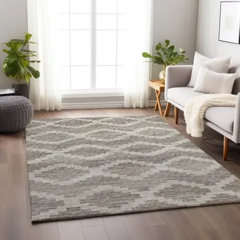 5' X 8' Tan Ivory And Beige Tribal Washable Area Rug With UV Protection