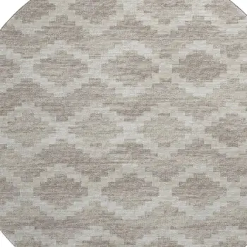 8' Tan Ivory And Beige Tribal Washable Round Rug With UV Protection