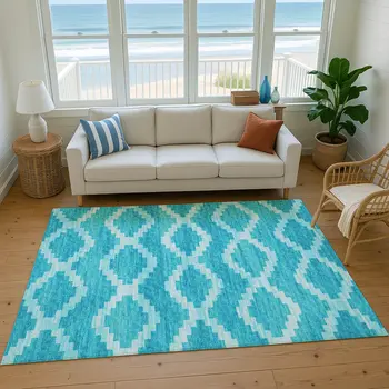 5' X 8' Turquoise And Ivory Tribal Washable Area Rug With UV Protection