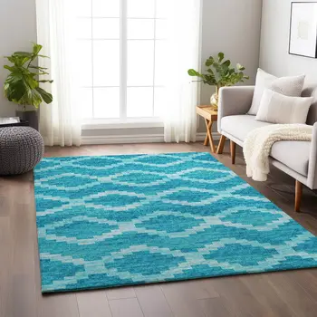 5' X 8' Turquoise And Ivory Tribal Washable Area Rug With UV Protection