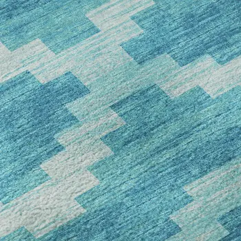 5' X 8' Turquoise And Ivory Tribal Washable Area Rug With UV Protection