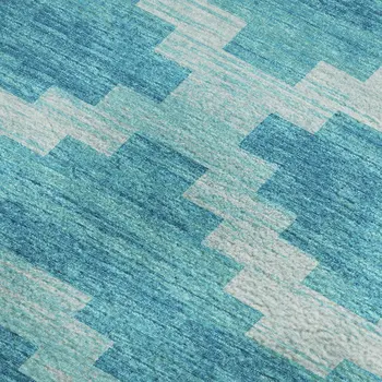 5' X 8' Turquoise And Ivory Tribal Washable Area Rug With UV Protection