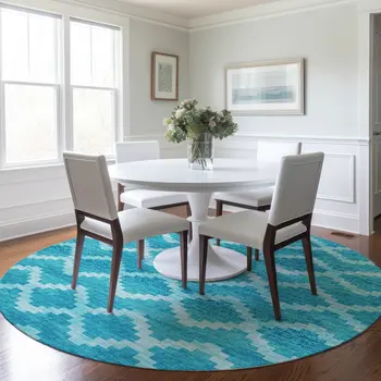 8' Turquoise And Ivory Tribal Washable Round Rug With UV Protection