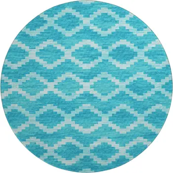 8' Turquoise And Ivory Tribal Washable Round Rug With UV Protection