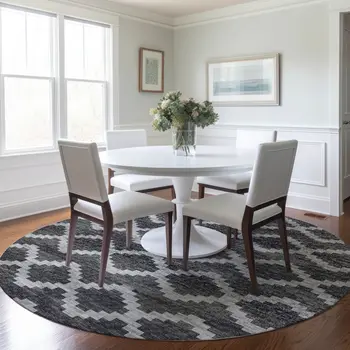8' Gray Ivory And Charcoal Tribal Washable Round Rug With UV Protection