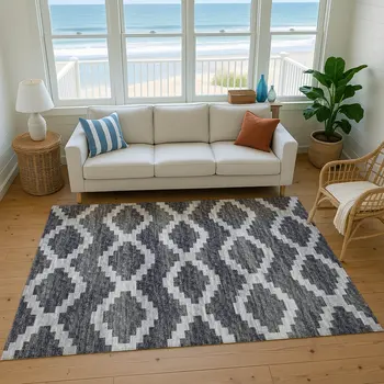 8' X 10' Gray Ivory And Charcoal Tribal Washable Area Rug With UV Protection
