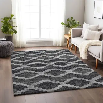 10' X 14' Gray Ivory And Charcoal Tribal Washable Area Rug With UV Protection