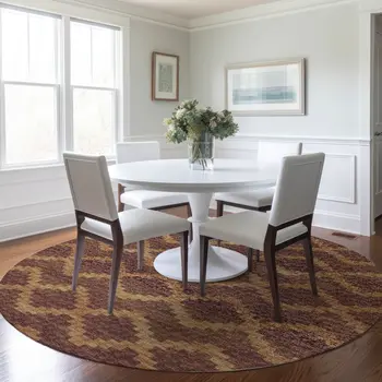 8' Burnt Sienna And Beige Tribal Washable Round Rug With UV Protection