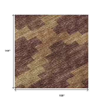 9' X 12' Burnt Sienna And Beige Tribal Washable Area Rug With UV Protection