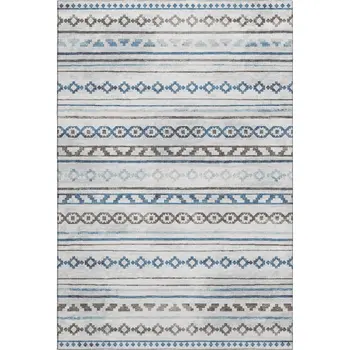3' X 5' Gray Denim Blue And Ivory Tribal Washable Area Rug With UV Protection