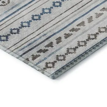 3' X 5' Gray Denim Blue And Ivory Tribal Washable Area Rug With UV Protection