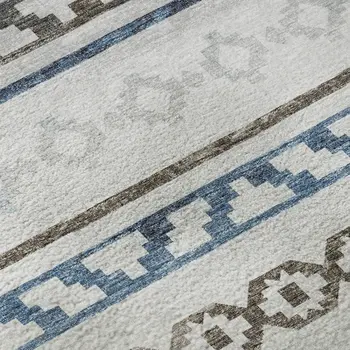 3' X 5' Gray Denim Blue And Ivory Tribal Washable Area Rug With UV Protection