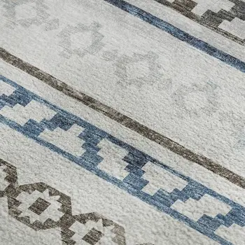 3' X 5' Gray Denim Blue And Ivory Tribal Washable Area Rug With UV Protection