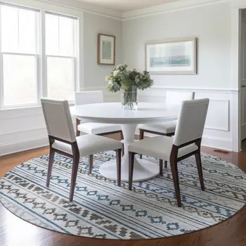 8' Gray Denim Blue And Ivory Tribal Washable Round Rug With UV Protection