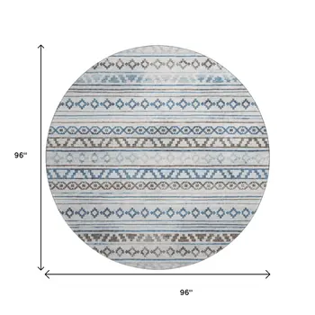 8' Gray Denim Blue And Ivory Tribal Washable Round Rug With UV Protection