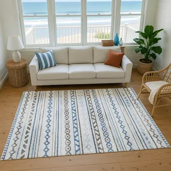9' X 12' Gray Denim Blue And Ivory Tribal Washable Area Rug With UV Protection