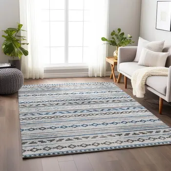 9' X 12' Gray Denim Blue And Ivory Tribal Washable Area Rug With UV Protection