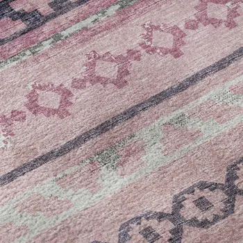 5' X 8' Pink Ivory And Gray Tribal Washable Area Rug With UV Protection