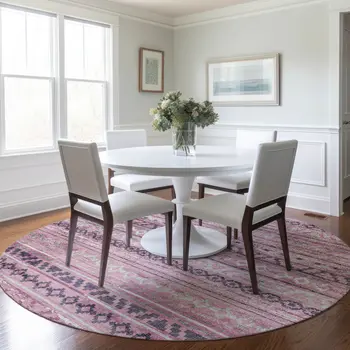 8' Pink Ivory And Gray Tribal Washable Round Rug With UV Protection