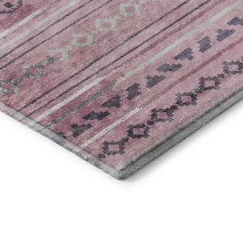 8' Pink Ivory And Gray Tribal Washable Round Rug With UV Protection