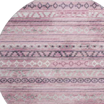 8' Pink Ivory And Gray Tribal Washable Round Rug With UV Protection