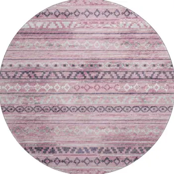 8' Pink Ivory And Gray Tribal Washable Round Rug With UV Protection