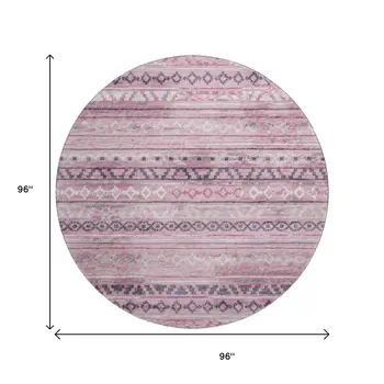 8' Pink Ivory And Gray Tribal Washable Round Rug With UV Protection
