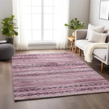 8' X 10' Pink Ivory And Gray Tribal Washable Area Rug With UV Protection
