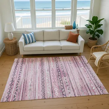 8' X 10' Pink Ivory And Gray Tribal Washable Area Rug With UV Protection