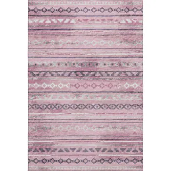 9' X 12' Pink Ivory And Gray Tribal Washable Area Rug With UV Protection