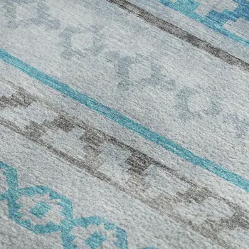 5' X 8' Turquoise Gray And Light Blue Tribal Washable Area Rug With UV Protection