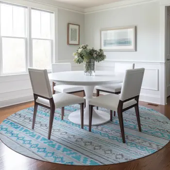 8' Turquoise Gray And Light Blue Tribal Washable Round Rug With UV Protection