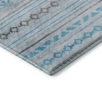 8' Turquoise Gray And Light Blue Tribal Washable Round Rug With UV Protection