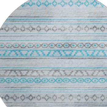 8' Turquoise Gray And Light Blue Tribal Washable Round Rug With UV Protection