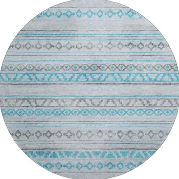 8' Turquoise Gray And Light Blue Tribal Washable Round Rug With UV Protection