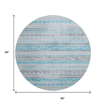 8' Turquoise Gray And Light Blue Tribal Washable Round Rug With UV Protection
