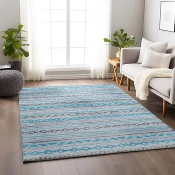 8' X 10' Turquoise Gray And Light Blue Tribal Washable Area Rug With UV Protection
