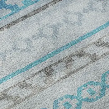 8' X 10' Turquoise Gray And Light Blue Tribal Washable Area Rug With UV Protection