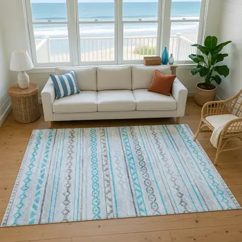 10' X 14' Turquoise Gray And Light Blue Tribal Washable Area Rug With UV Protection