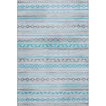 10' X 14' Turquoise Gray And Light Blue Tribal Washable Area Rug With UV Protection