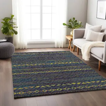 3' X 5' Navy Blue Gold And Purple Tribal Washable Area Rug With UV Protection