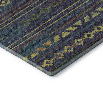 3' X 5' Navy Blue Gold And Purple Tribal Washable Area Rug With UV Protection