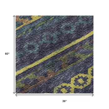 3' X 5' Navy Blue Gold And Purple Tribal Washable Area Rug With UV Protection