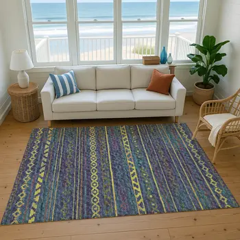 3' X 5' Navy Blue Gold And Purple Tribal Washable Area Rug With UV Protection