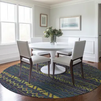 8' Navy Blue Gold And Purple Tribal Washable Round Rug With UV Protection
