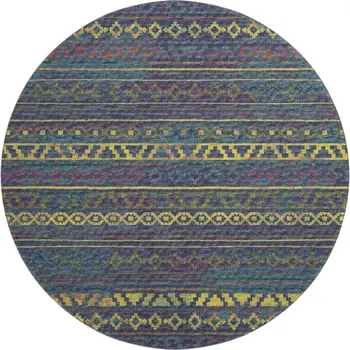 8' Navy Blue Gold And Purple Tribal Washable Round Rug With UV Protection