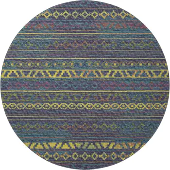 8' Navy Blue Gold And Purple Tribal Washable Round Rug With UV Protection