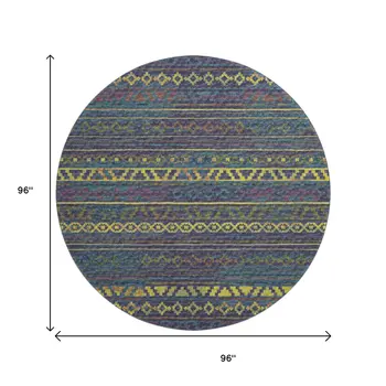 8' Navy Blue Gold And Purple Tribal Washable Round Rug With UV Protection